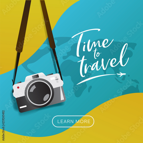 Travel poster, brochure , flyer, web banner template. Hanging vintage camera vector illustration with slogan "Time to Travel" typography