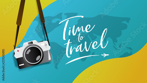 Travel poster, brochure , flyer, web banner template. Hanging vintage camera vector illustration with slogan "Time to Travel" typography