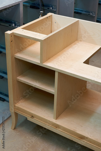 Production of wood furniture. Bathroom vanity cabinet. Furniture manufacture. Close-up