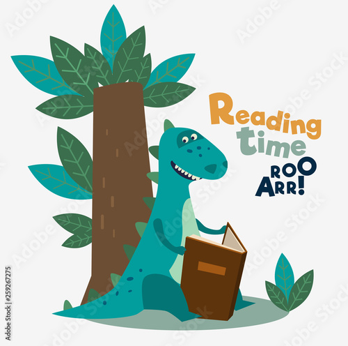 Cute dinosaur reads a book under the tree. Funny tyrannosaur relaxing in park