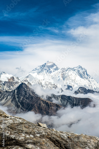 Scenery view of Mount Everest (8,848 m) the highest mountains in the world view from the top of Renjo la pass (5,340 m) during trekking in Sagarmatha national park, Nepal.