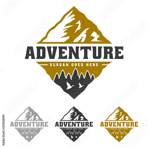 Mountain peak adventure logo, forest and wild life emblem