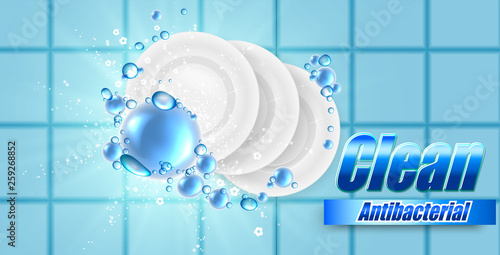 Realistic Dish and plate on beautiful colored background and soap bubbles, dish wash illustration , template for design.