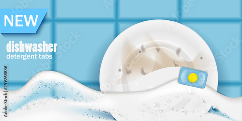 A poster template for an ad for dishwasher tablets, a realistic plate of half clean and realistic soap suds on the background of a kitchen tile.