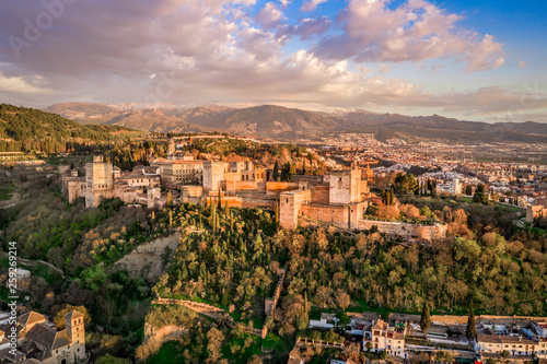 Fototapeta Naklejka Na Ścianę i Meble -  Granada Alhambra medieval palace castle at sunset aerial view