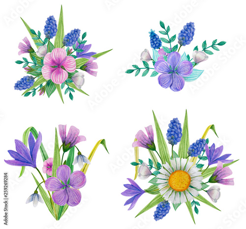Set of summer, garden, easter, birthday, spring bouquet with flowers, leaves and branches. Hand drawn watercolor and colored pencils illustration.