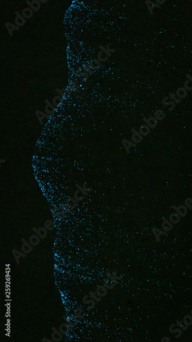 Tablou pe pânză Abstract of blue bioluminescence sparkles on a black beach in the shape of the p