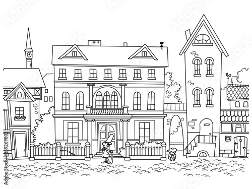 Old town street. Coloring book. Cartoon vector illustration