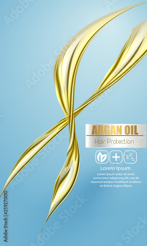 A realistic template cosmetic package. 3d splash of liquid oil. Splashing argan oil, hair protection cosmetics product pack design.