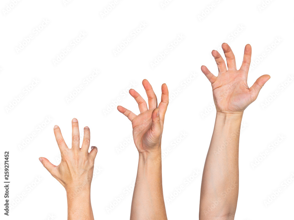 Three male hands fully stretched reaching out to grab something, white background