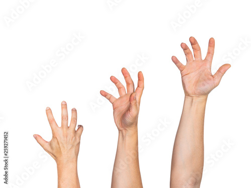 Three male hands fully stretched reaching out to grab something, white background