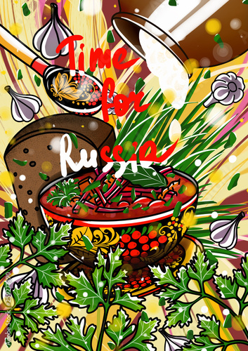 Photography russian food illustration, borsch,  beetroot soup, ukrainian, composition with v
