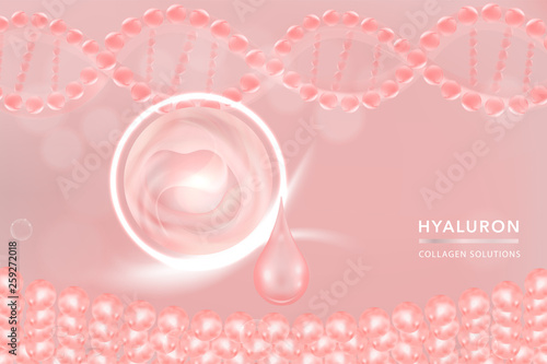 Hyaluronic acid skin solutions ad, pink collagen serum drop with cosmetic advertising background ready to use, vector illustration.
