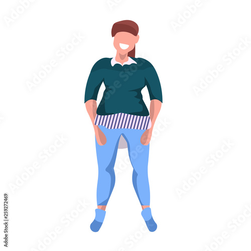 fat obese woman standing pose smiling overweight casual girl obesity concept female cartoon character full length flat white background
