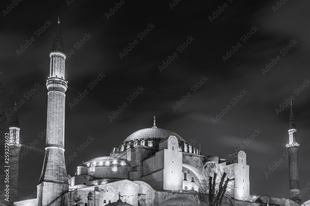 Fototapeta premium Hagia Sophia Museum night view in black and white color, Istanbul, Turkey