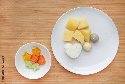 Raw of boiled vegetables baby food  egg  potato and rice  in white plate with frozen mashed baby food homemade in white ceramic bowl on wooden board.