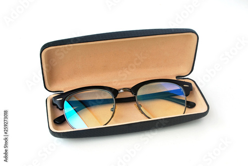 Blue glasses filter box on white background.