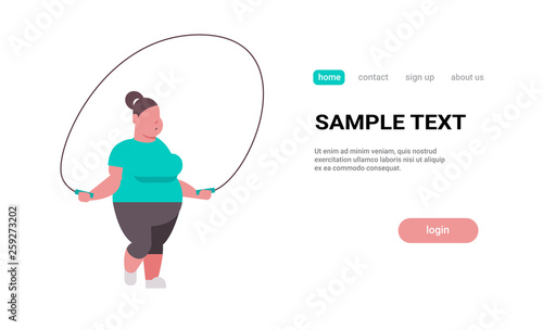 fat obese woman doing exercises with jumping rope overweight girl training workout weight loss concept flat white background copy space horizontal
