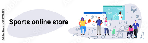 people doing online shopping sports store concept men women choosing new equipment using computer application e-commerce sketch doodle horizontal banner