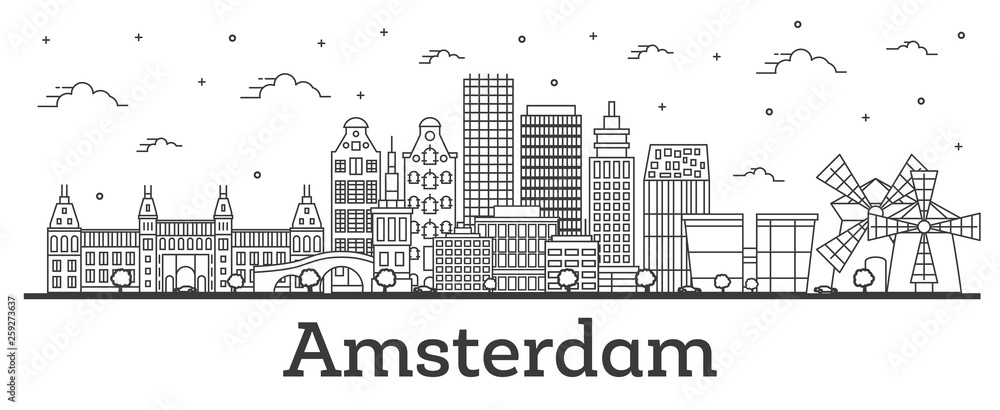 Outline Amsterdam Netherlands City Skyline with Historic Buildings Isolated on White.