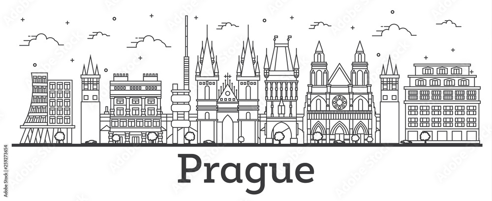 Outline Prague Czech Republic City Skyline with Historic Buildings Isolated on White.