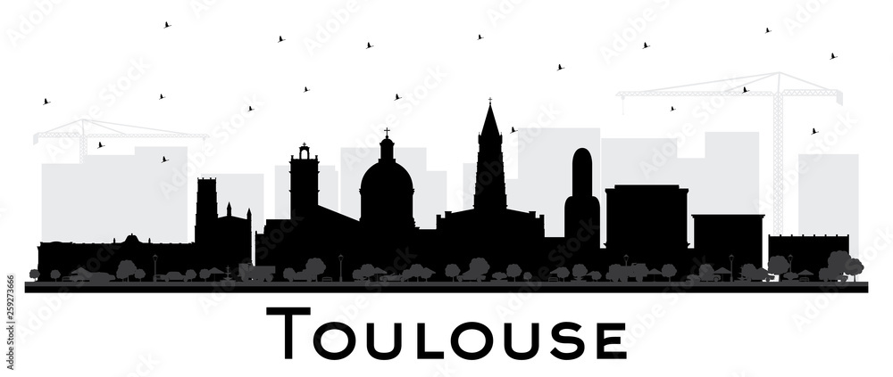 Toulouse France City Skyline Silhouette with Black Buildings Isolated on White.
