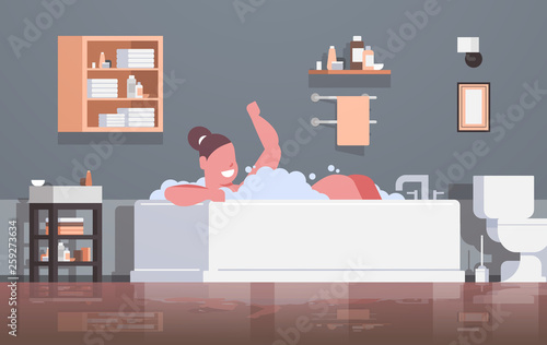 fat obese woman relaxing in bath with foam happy overweight girl bathing lying bathtub jacuzzi obesity concept modern bathroom interior horizontal