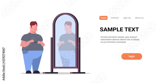 sad overweight man looking at himself reflection in mirror big unhappy guy over size obesity concept flat full length horizontal copy space white background
