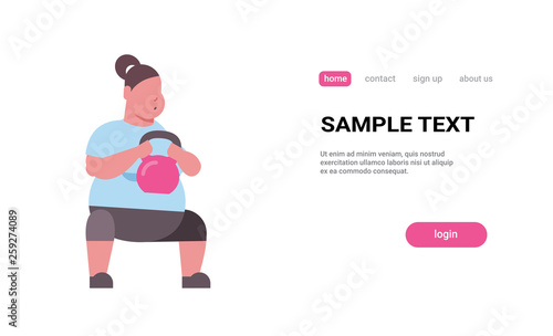 fat obese woman doing exercises with kettlebell overweight fatty girl training in gym studio workout weight loss concept flat white background copy space