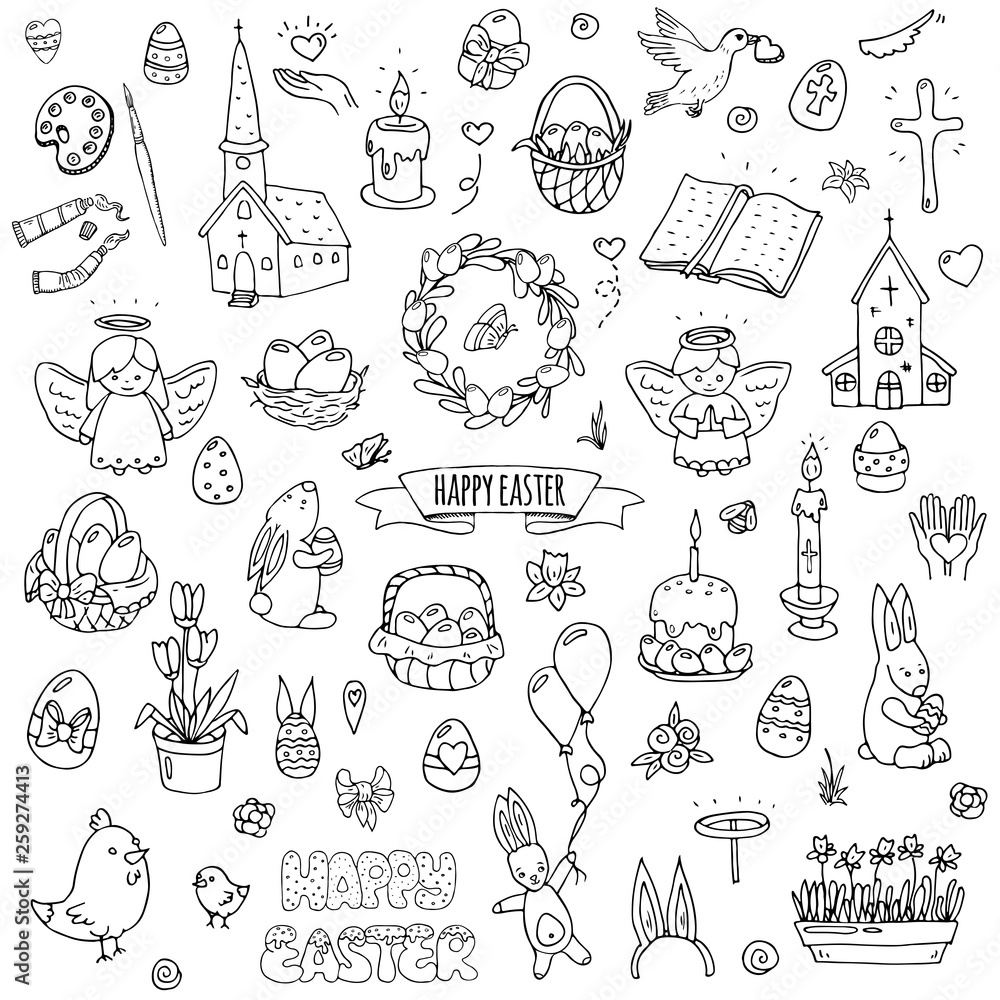 Hand drawn doodle Happy Easter icons set Vector illustration sketchy traditional symbols collection Cartoon celebration concept elements eggs, bunny, willow twigs, basket, candles, Christian church Stock Vector