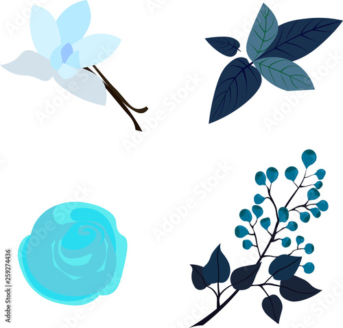 Blue bright vector objects. Berries and desserts. Menu design. Illustrations for children.