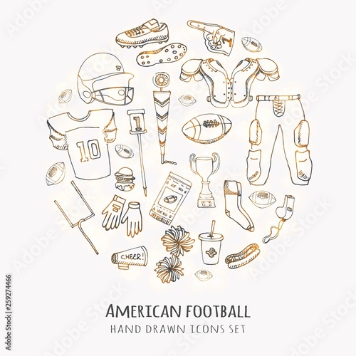 Hand drawn doodle american football set Vector illustration Sketchy sport related icons football elements, ball helmet jersey pants knee thigh shoulder pads cleats field cheerleading down indicator