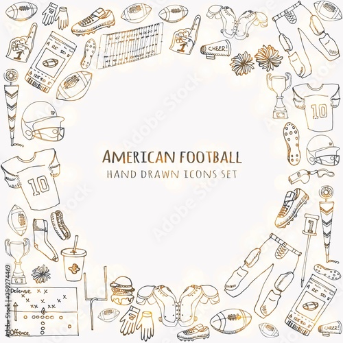 Hand drawn doodle american football set Vector illustration Sketchy sport related icons football elements, ball helmet jersey pants knee thigh shoulder pads cleats field cheerleading down indicator