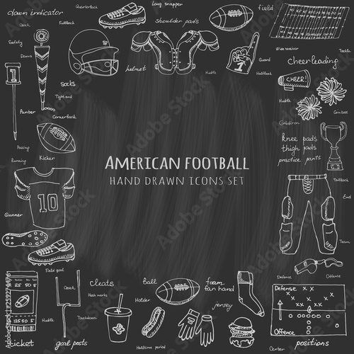 Hand drawn doodle american football set Vector illustration Sketchy sport related icons football elements, ball helmet jersey pants knee thigh shoulder pads cleats field cheerleading down indicator