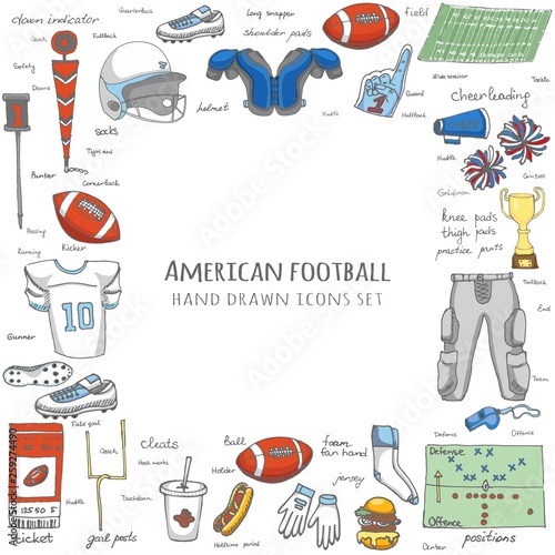 Hand drawn doodle american football set Vector illustration Sketchy sport related icons football elements, ball helmet jersey pants knee thigh shoulder pads cleats field cheerleading down indicator