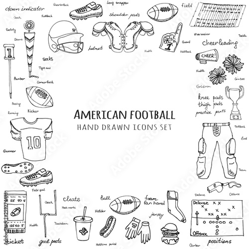 Hand drawn doodle american football set Vector illustration Sketchy sport related icons football elements, ball helmet jersey pants knee thigh shoulder pads cleats field cheerleading down indicator