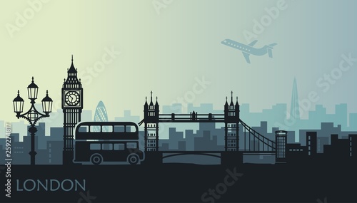 Abstract cityscape of London with the sights at sunset