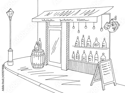 Wine shop exterior graphic black white street sketch illustration vector
