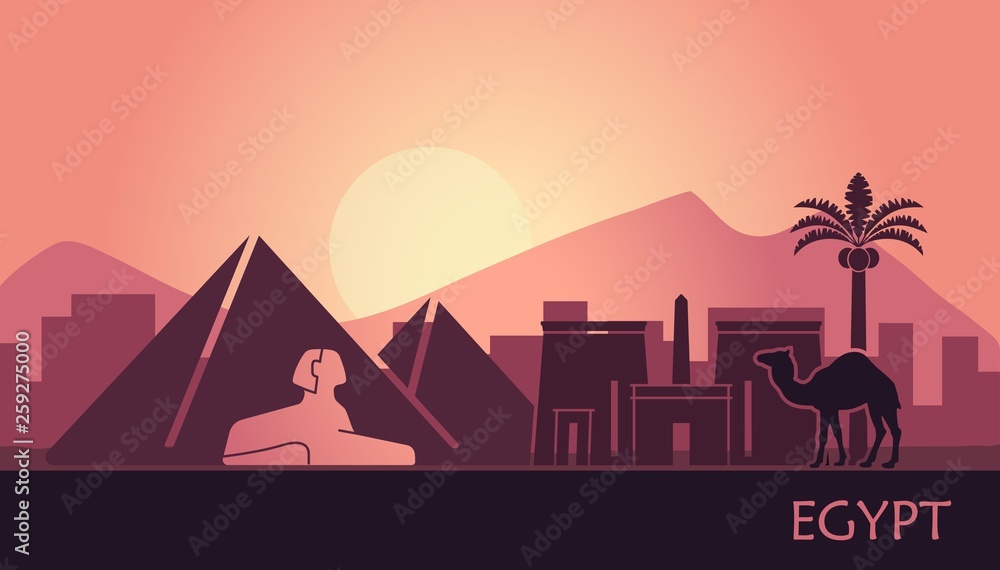 Stylized landscape of Egypt at sunset. Vector illustration