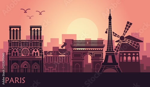 Stylized landscape of Paris with Eiffel tower, arc de Triomphe and Notre Dame Cathedral and other attractions