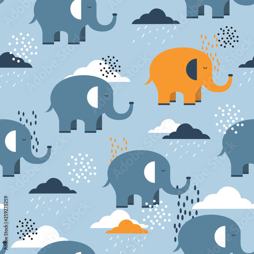 Happy elephants, clouds, hand drawn backdrop. Colorful seamless pattern with animals and water drops. Decorative cute wallpaper, good for printing. Overlapping background vector