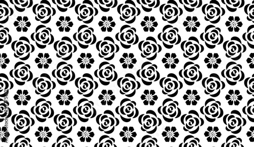 Flower geometric pattern with roses. Seamless vector background. White and black ornament. Ornament for fabric, wallpaper, packaging. Decorative print