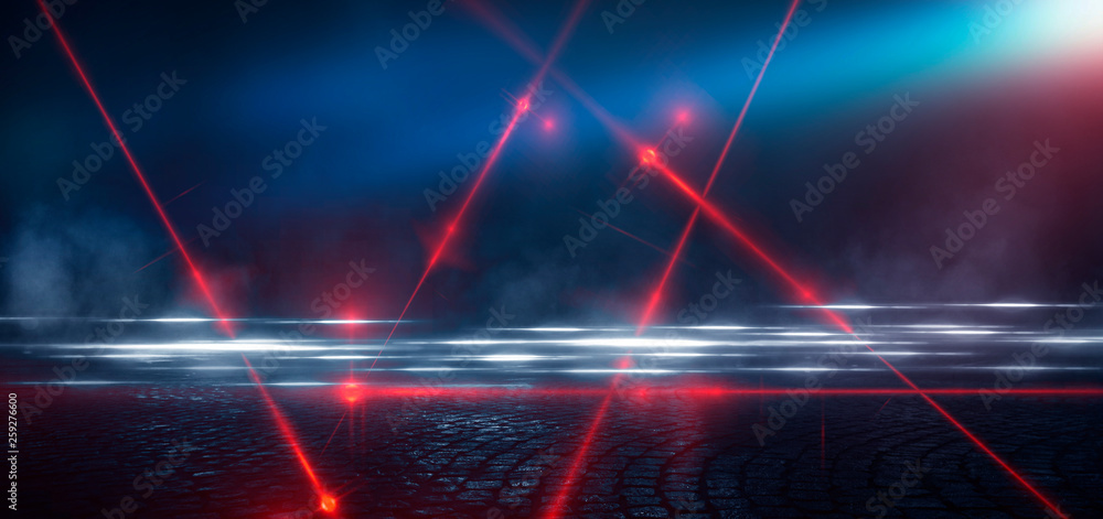 Dark street, reflection of neon light on wet asphalt. Rays of light and red laser light in the dark. Night view of the street, the city. Abstract dark blue background. Dark street, reflection of neon light on wet asphalt. Rays of light and red laser light in the dark. Night view of the street, the city. Abstract dark blue background.