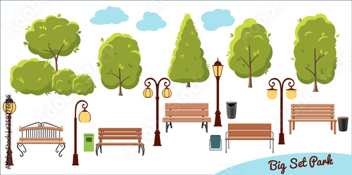Big collection elements for city park. Tree, trash can, lantern and benches in flat style. Isolated on white background Vector illustration.