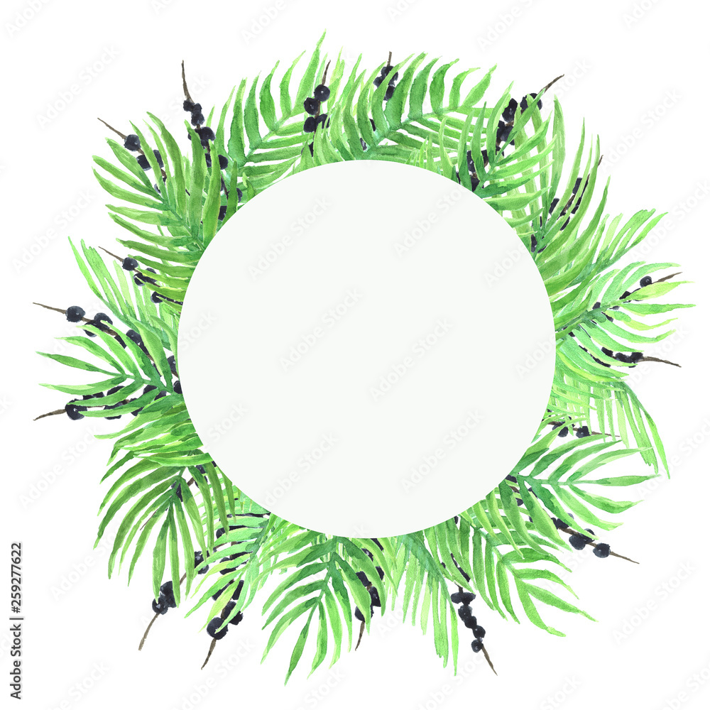Watercolor round frame of acai berries and leaves. Watercolor round frame of acai berries and leaves.