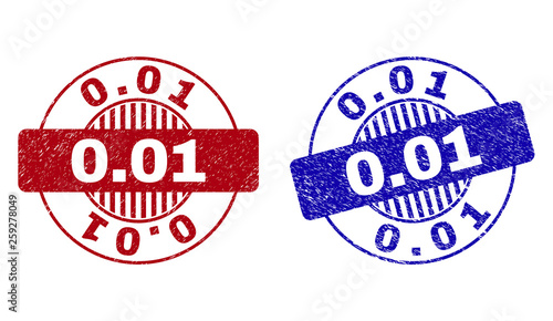 Grunge 0.01 round stamp seals isolated on a white background. Round seals with grunge texture in red and blue colors. Vector rubber watermark of 0.01 caption inside circle form with stripes.