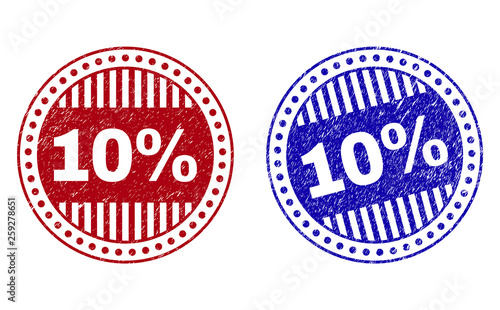 Grunge 10 Percents round stamp seals isolated on a white background. Round seals with grunge texture in red and blue colors. Vector rubber watermark of 10 Percents caption inside circle form with