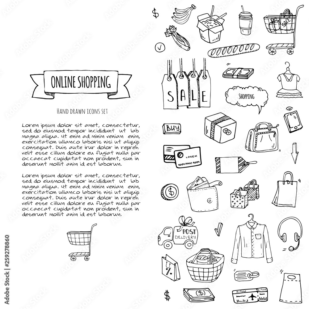 Hand drawn doodle set of Online shopping icons. Vector illustration set. Cartoon buying symbols. Sketchy elements collection: laptop, sale, food, grocery, clothing, cart, wallet, credit card, tag, bag Hand drawn doodle set of Online shopping icons. Vector illustration set. Cartoon buying symbols. Sketchy elements collection: laptop, sale, food, grocery, clothing, cart, wallet, credit card, tag, bag