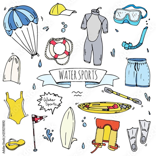 Hand drawn doodle Water sports icons set. Vector illustration, isolated symbols collection, Cartoon various elements: jetski, wakeboard, waterski, surfing, kayak, kitesurfing, paddle, parasailing