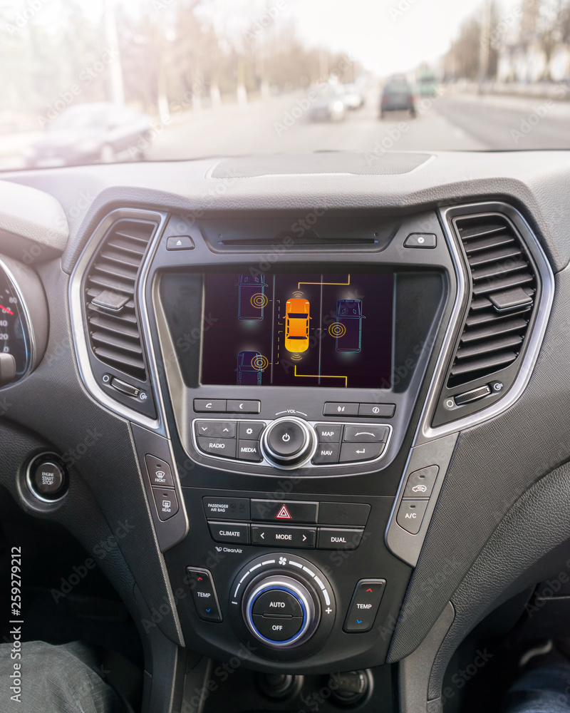 Self driving car on a road. Autonomous vehicle. Inside view.